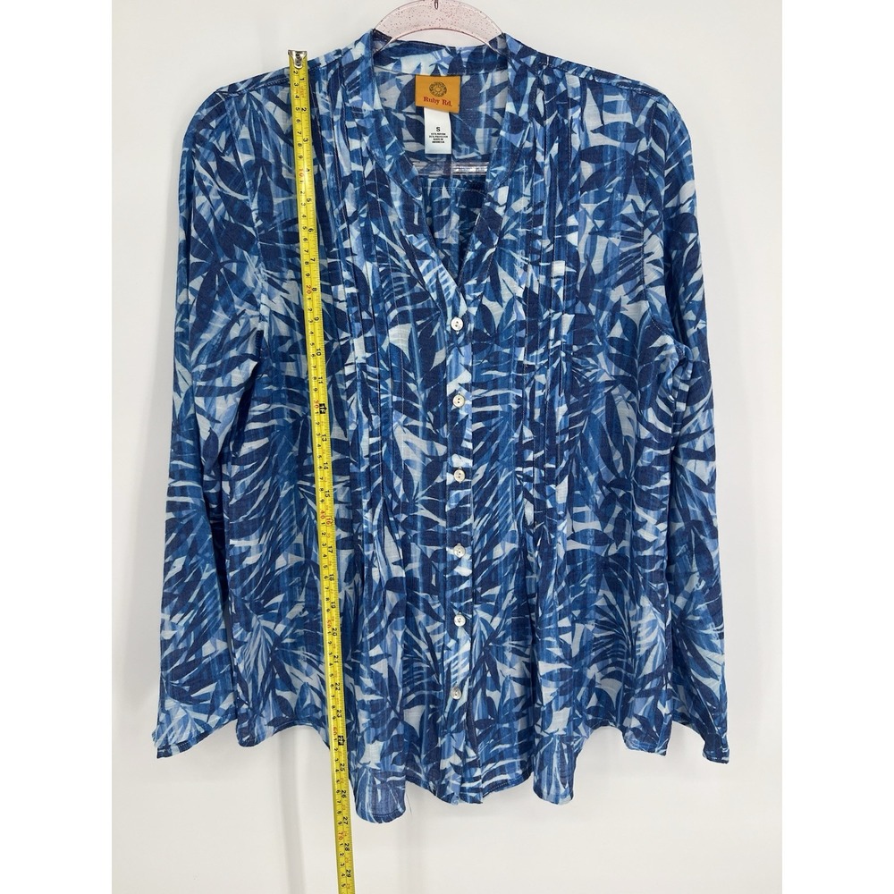 Ruby Rd Pleated Button Up Blouse Top Womens Sz Small Blue Leaf Romantic - Picture 2 of 12
